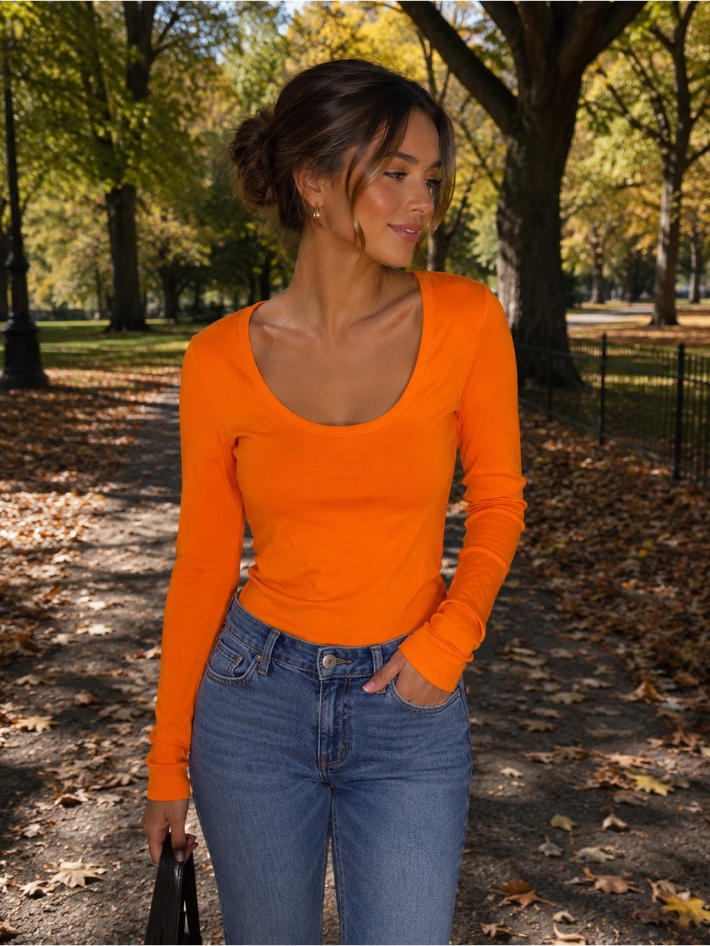 Zara Scoop Neck Long-Sleeve Top in Bright Orange